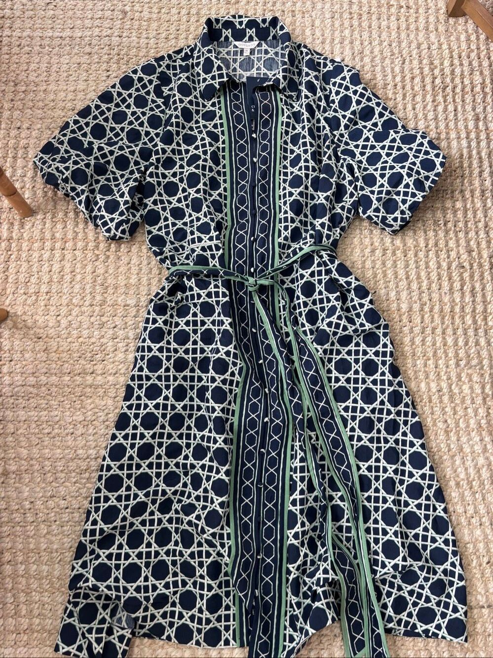 NWT Crown & Ivy Navy Geometric Belted Shirt Dress Midi Coastal Preppy Tuckernuck - Picture 2 of 10